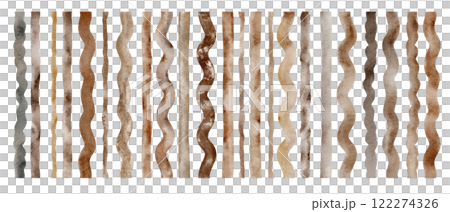 Vertical stripes of different shapes and colors. Watercolor abstract wavy and straight ribbon, a set of color swatches, brown, coffee colored on a white background. A decorative elements for design. 122274326