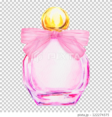 Watercolor illustration of a pink perfume bottle with a golden cap and a pink ribbon, elegant and feminine. Perfect for beauty branding, cosmetics advertisements, wedding designs, or romantic themes Watercolor illustration of a pink perfume bottle with a golden cap and a pink ribbon, elegant and feminine. Perfect for beauty branding, cosmetics advertisements, wedding designs, or romantic themes 122274375