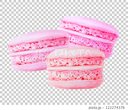 Pink watercolor illustration of three pink macarons, detailed and appetizing stacked together, perfect for brunch, bakery branding, Valentine's Day, Mother's Day, bachelorette party or holiday Pink watercolor illustration of three pink macarons, detailed and appetizing stacked together, perfect for brunch, bakery branding, Valentine's Day, Mother's Day, bachelorette party or holiday 122274376