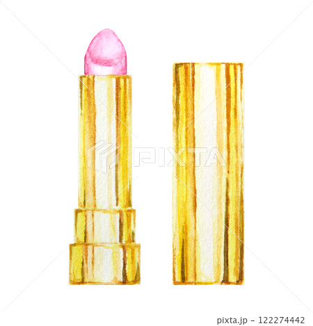 Watercolor illustration of a pink lipstick in a golden case. Perfect for beauty branding, luxury packaging, bridal themes, Valentine's Day, Mother's Day, or bachelorette parties. 122274442