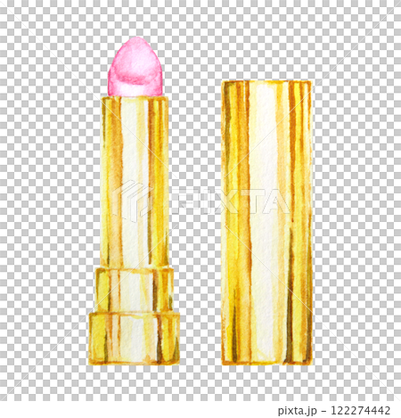 Watercolor illustration of a pink lipstick in a golden case. Perfect for beauty branding, luxury packaging, bridal themes, Valentine's Day, Mother's Day, or bachelorette parties. 122274442