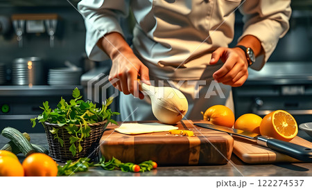 A chef in a white uniform is preparing food in a kitchen, holding a large garlic bulb over a wooden cutting board with various ingredients around 122274537