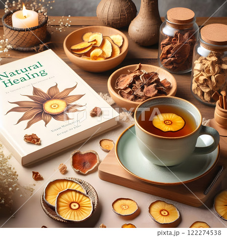 A scene with a book titled Natural Healing tea dried fruit slices and various natural elements. Warm and inviting 122274538