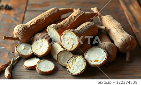 A collection of brown, elongated, and textured objects resembling roots or tubers, with several cut open to reveal a creamy, white interior 122274539