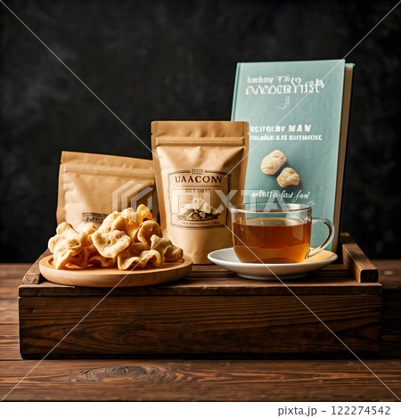 Yacon products tea chips and a book displayed on a wooden box. Dark background and warm lighting Yacon products tea chips and a book displayed on a wooden box. Dark background and warm lighting 122274542