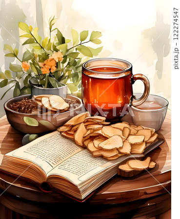 Two cups of tea, ginger slices, an open book, and a plant on a round wooden table Two cups of tea, ginger slices, an open book, and a plant on a round wooden table 122274547
