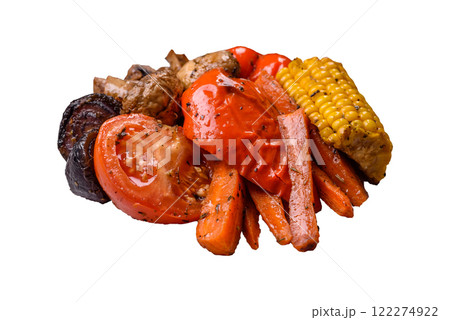 Grilled vegetables peppers, tomatoes, zucchini, onions, carrots, corn, mushrooms 122274922