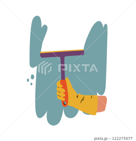 A yellow-gloved hand holds a window scraper. A yellow-gloved hand holds a window scraper. 122275077