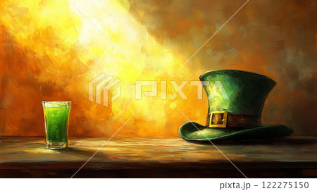 St. Patrick's Day still life with green drink and leprechaun hat against rustic wall with orange textured paint St. Patrick's Day still life with green drink and leprechaun hat against rustic wall with orange textured paint 122275150