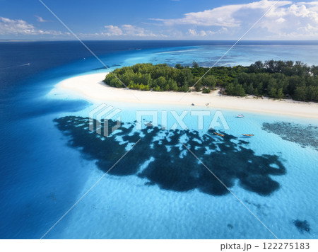 Aerial view of blue sea, white sandy beach and island. Top view Aerial view of blue sea, white sandy beach and island. Top view 122275183