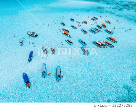 Aerial view of colorful boats, sea bay with azure water in summer 122275288