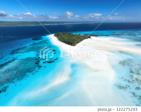 Aerial view of blue sea and Mnemba island, Zanzibar. Top view 122275293
