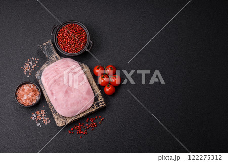 Ham, spam with salt, spices and herbs cut into slices 122275312