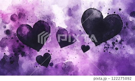 black purple rectangular watercolor background with heart. Festive day banner. For text design 122275892