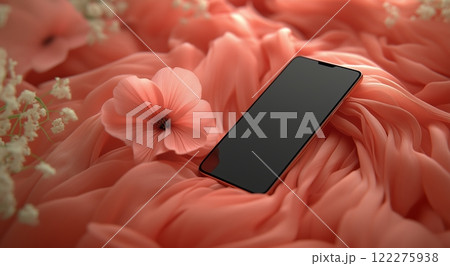 Smartphone on a pink background of flowers and fabrics 122275938