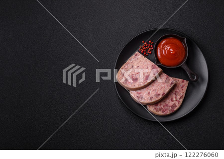 Homemade headcheese with salt, spices, herbs and vegetables Homemade headcheese with salt, spices, herbs and vegetables 122276060