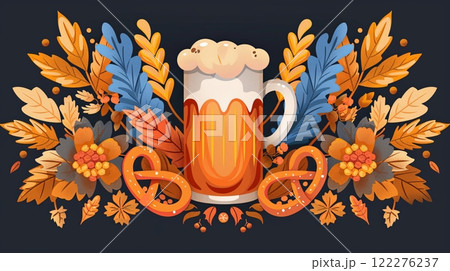 Vintage-inspired Oktoberfest logo featuring a detailed beer mug, pretzels, and hops framed by autumn leaves 122276237