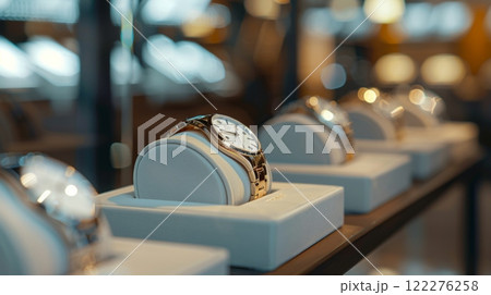 A row of luxury watches displayed elegantly in a high-end boutique, each showcased on individual cushioned stands 122276258