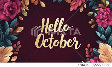 Hello October in gold lettering is surrounded by vibrant autumn flowers and leaves in rich red, pink Hello October in gold lettering is surrounded by vibrant autumn flowers and leaves in rich red, pink 122276299