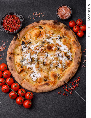 Creamy pizza with truffle cheese, mozzarella, chicken and mushrooms Creamy pizza with truffle cheese, mozzarella, chicken and mushrooms 122276415