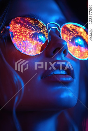 Bright reflections in stylish sunglasses on a woman at night, showcasing vibrant colors and city lights 122277060
