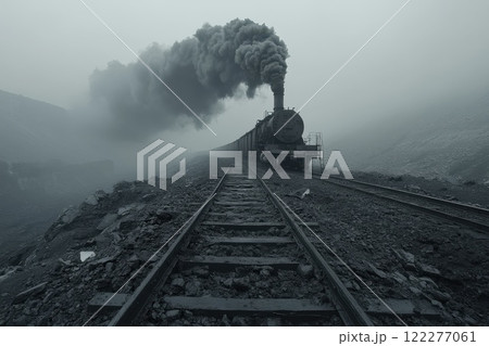 Steam locomotive travels through foggy terrain alongside railway tracks, silhouetted against a moody, overcast sky at twilight 122277061
