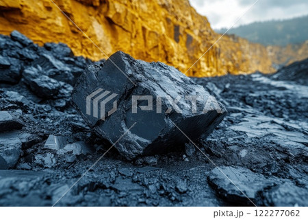 Black mineral rock sits prominently on top of dark, textured ground within a quarry, surrounded by striking golden rock formations in the background during daylight Black mineral rock sits prominently on top of dark, textured ground within a quarry, surrounded by striking golden rock formations in the background during daylight 122277062