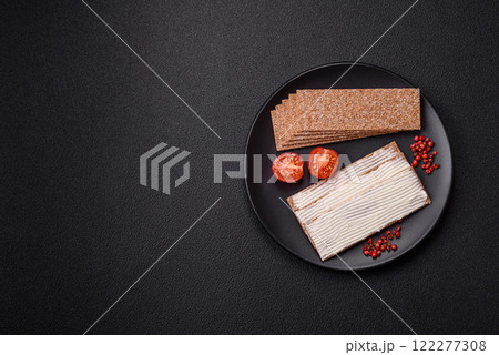 Rectangular whole grain crisp bread with cream cheese Rectangular whole grain crisp bread with cream cheese 122277308