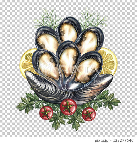 Mussels with lemon, herbs and cherry tomatoes. Handmade watercolor illustration. A color image of a seafood dish. On a white background. For menus, recipe books, packages, label, banner and invitation Mussels with lemon, herbs and cherry tomatoes. Handmade watercolor illustration. A color image of a seafood dish. On a white background. For menus, recipe books, packages, label, banner and invitation 122277546