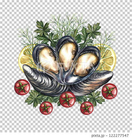 Mussels with lemon, herbs and cherry tomatoes. Handmade watercolor illustration. A color image of a seafood dish. On a white background. Suitable for menus, recipe books, packages, labels and banners. Mussels with lemon, herbs and cherry tomatoes. Handmade watercolor illustration. A color image of a seafood dish. On a white background. Suitable for menus, recipe books, packages, labels and banners. 122277547