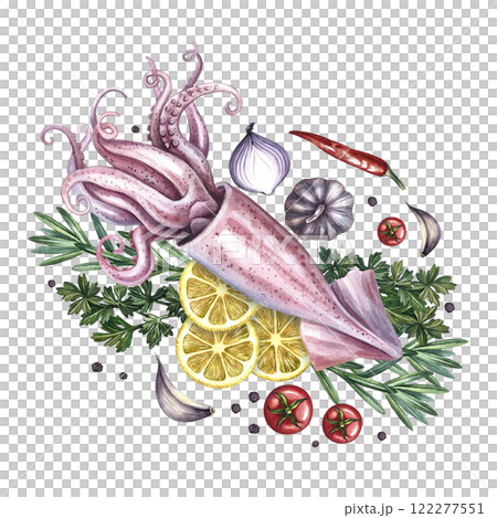 Squid with lemon, herbs and vegetables. Handmade watercolor illustration. A color image of a seafood dish. Separate from the background. Perfect for menus, recipe books, packages, labels, invitations. 122277551