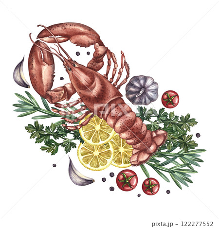 Lobster with lemon, herbs and vegetables. Handmade watercolor illustration. A color image of a seafood dish. Separate from the background. Suitable for menus, recipe books, packages, labels and banner 122277552