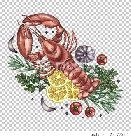 Lobster with lemon, herbs and vegetables. Handmade watercolor illustration. A color image of a seafood dish. Separate from the background. Suitable for menus, recipe books, packages, labels and banner 122277552