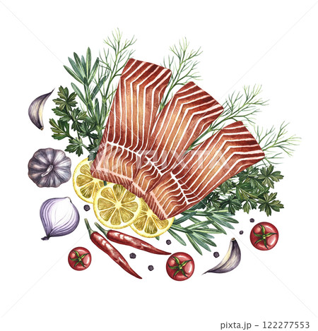 Red fish fillet, sliced, with vegetables. A hand-drawn watercolor illustration. A color image of a fish dish. On a white background. For menus, recipe books, packages, labels, invitations and banners. Red fish fillet, sliced, with vegetables. A hand-drawn watercolor illustration. A color image of a fish dish. On a white background. For menus, recipe books, packages, labels, invitations and banners. 122277553