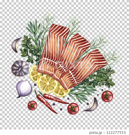 Red fish fillet, sliced, with vegetables. A hand-drawn watercolor illustration. A color image of a fish dish. On a white background. For menus, recipe books, packages, labels, invitations and banners. Red fish fillet, sliced, with vegetables. A hand-drawn watercolor illustration. A color image of a fish dish. On a white background. For menus, recipe books, packages, labels, invitations and banners. 122277553