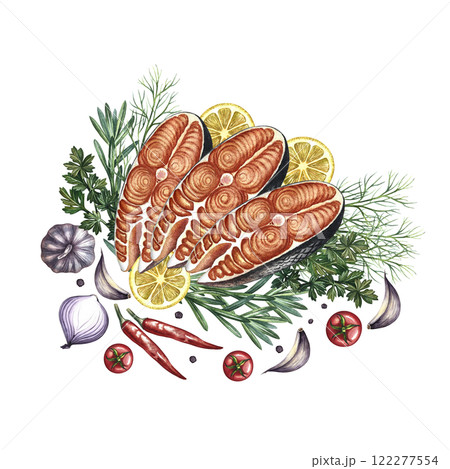 Sliced red fish with vegetables. A hand-drawn watercolor illustration. A color image of a fish dish. On a white background. For menus, recipe books, packages, labels, invitations and banners. Sliced red fish with vegetables. A hand-drawn watercolor illustration. A color image of a fish dish. On a white background. For menus, recipe books, packages, labels, invitations and banners. 122277554