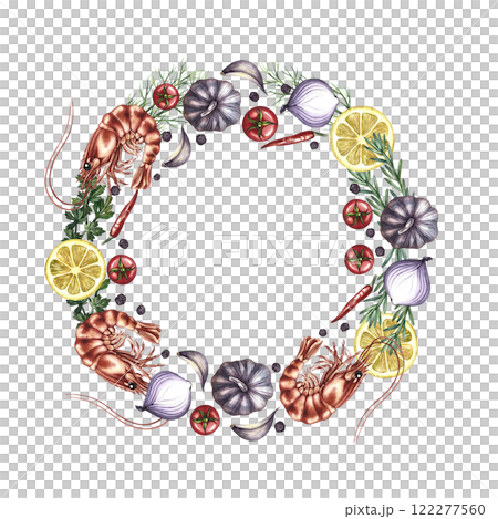 Round frame with shrimp and vegetables. A hand-drawn watercolor illustration. A color template featuring seafood and vegetables. On a white background. For menus, recipe books, packages, labels. 122277560