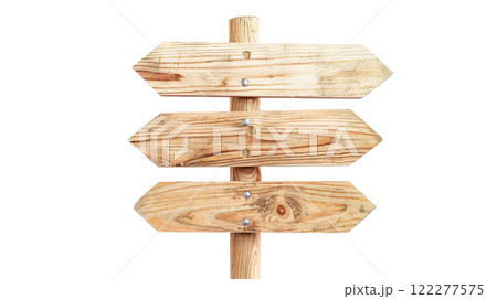 Wooden direction sign with two arrows in opposite directions on white background 122277575