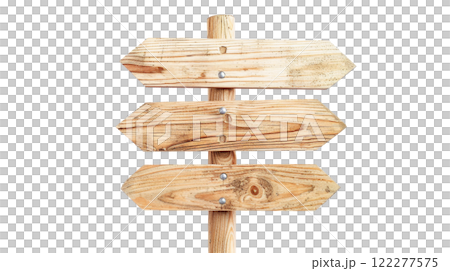 Wooden direction sign with two arrows in opposite directions on white background 122277575