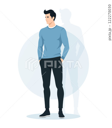 Flat vector illustration of a man in a blue sweatshirt and black pants. The faceless figure stands casually, showcasing a minimalist and modern look. 122278030