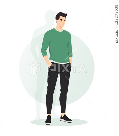 Flat vector illustration of a man in a light green sweatshirt and black pants. The faceless figure has a relaxed posture, designed in a minimalist and modern style. 122278039