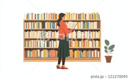 Woman Browsing in Bookstore Cinematic contrast modern style illustration. 122278095