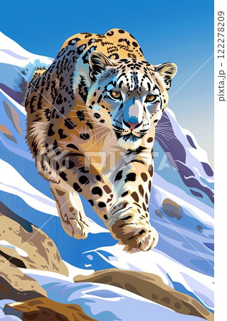 An illustration of a snow leopard leaping down a snowy mountain slope 122278209