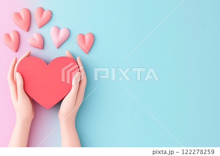 A heartwarming illustration for National Donor Day, featuring hands holding a large red heart 122278259