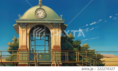 ゲーム背景　地平線と夕焼けレトロな駅舎がある異世界田舎風風景	 122278327