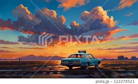 ゲーム背景　夕暮れの荒野に止まるレトロタクシーと地平線 122278521
