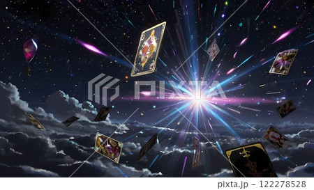 風に乗って舞い散るトランプ風カードのエフェクト黒背景 122278528