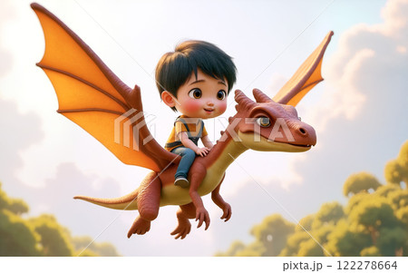 Boy rides a friendly dragon through a magical landscape under a bright sky Boy rides a friendly dragon through a magical landscape under a bright sky 122278664