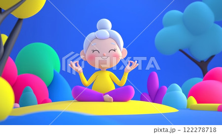 Elderly Woman Practicing Yoga Playful 3D cartoon style illustration. 122278718