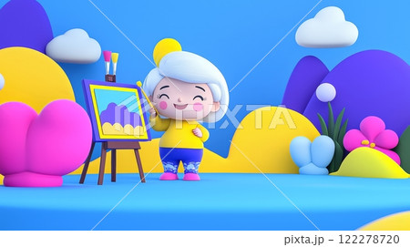 Elderly Woman Painting Landscape Playful 3D cartoon style illustration. 122278720